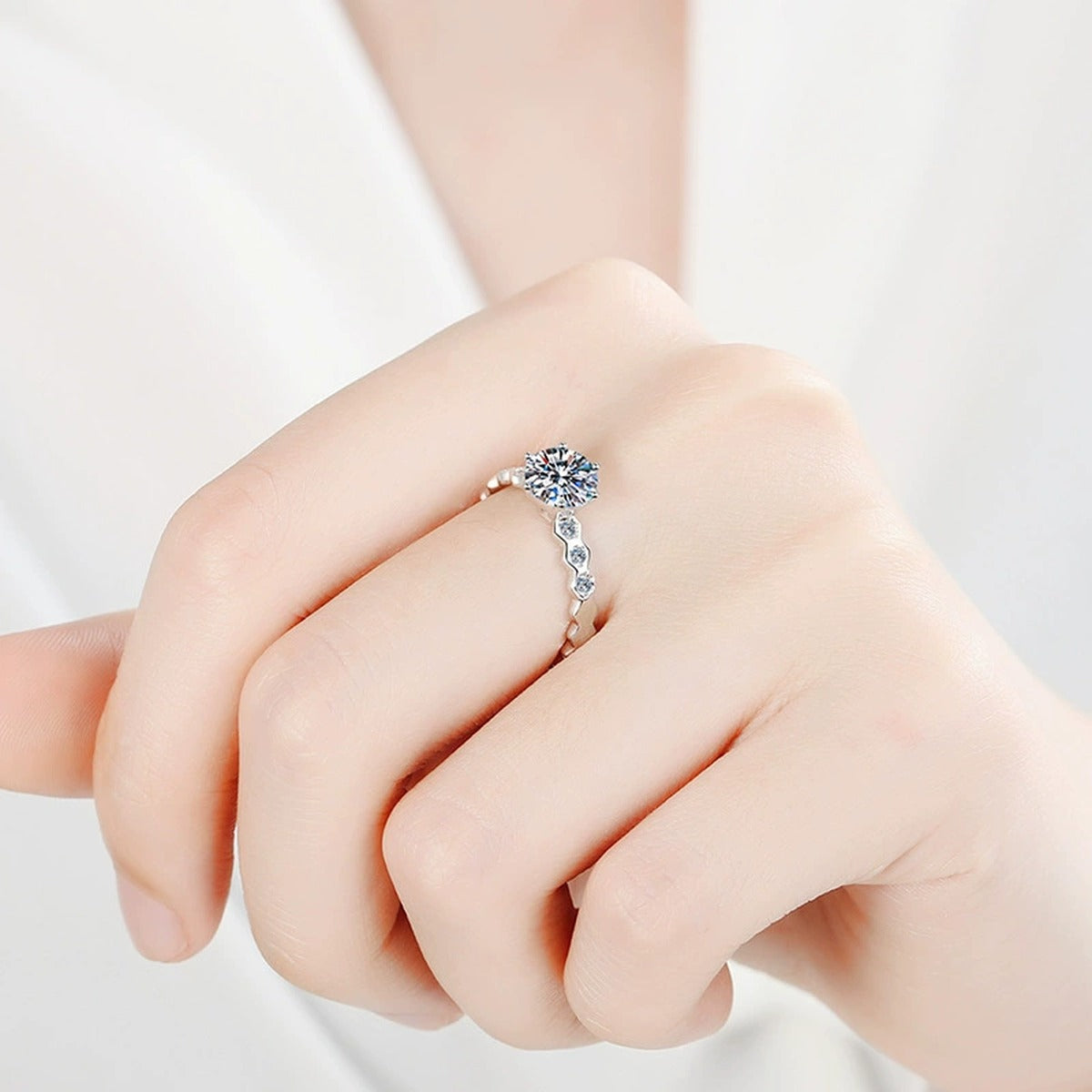Beaded Band Round Moissanite Ring with CZ worn on hand by model