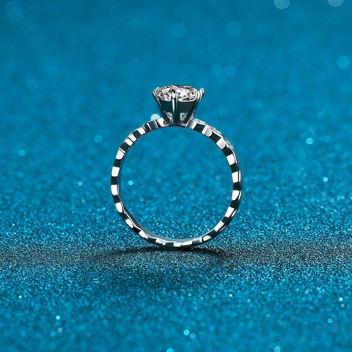 Beaded Band Round Moissanite Ring with CZ blue background product view