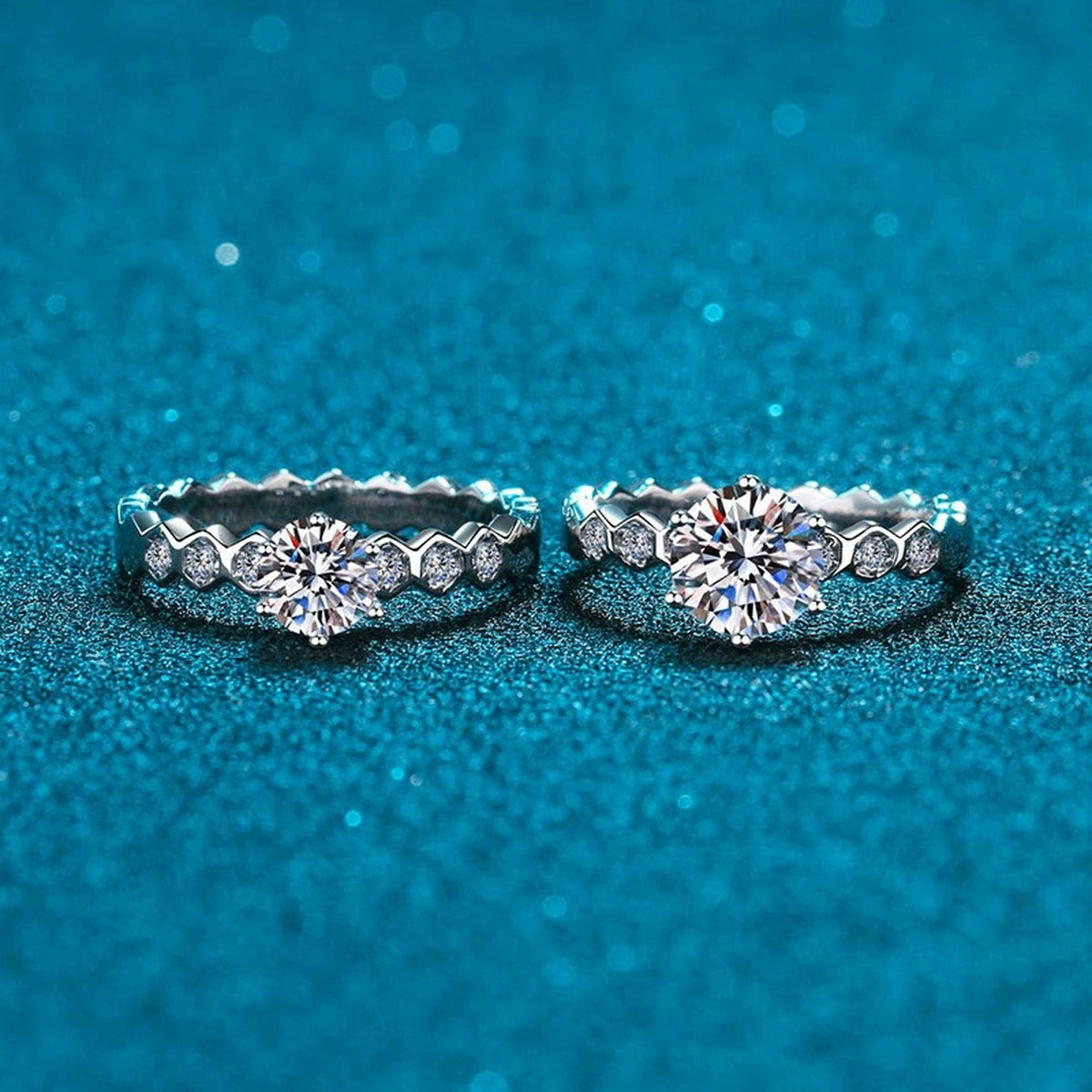 Beaded Band Round Moissanite Ring with CZ blue background product view