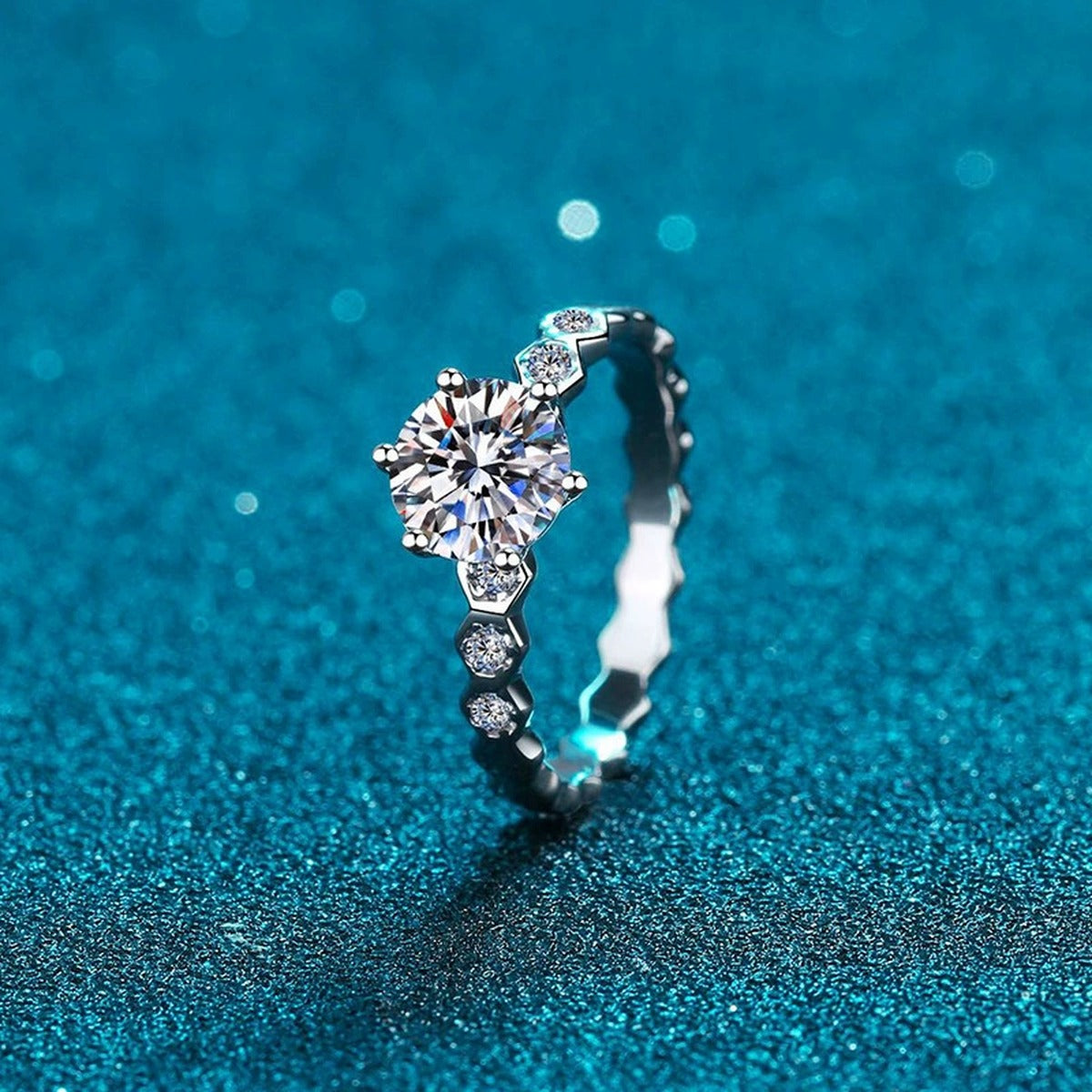 Beaded Band Round Moissanite Ring with CZ blue background product view