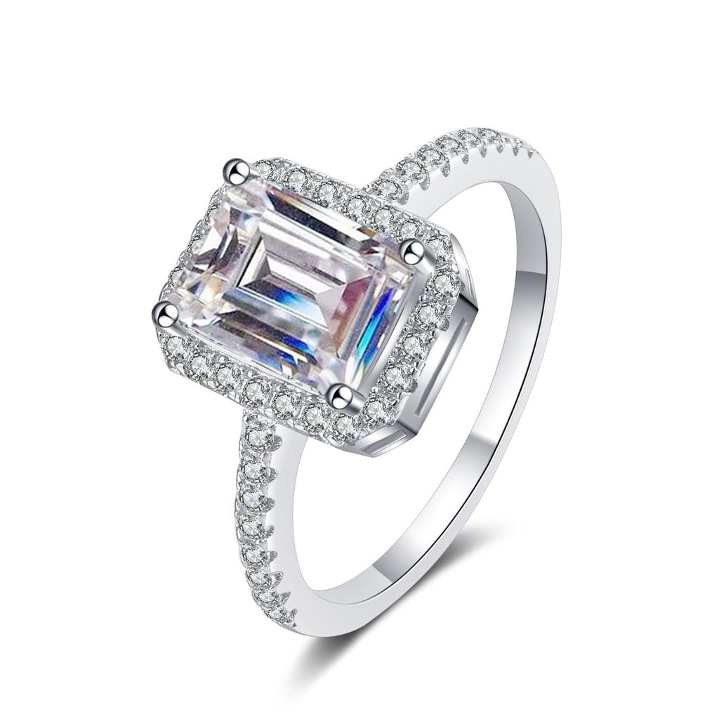 Emerald and Radiant Cut Moissanite Ring with CZ white background product image