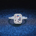 Emerald and Radiant Cut Moissanite Ring with CZ blue background product view