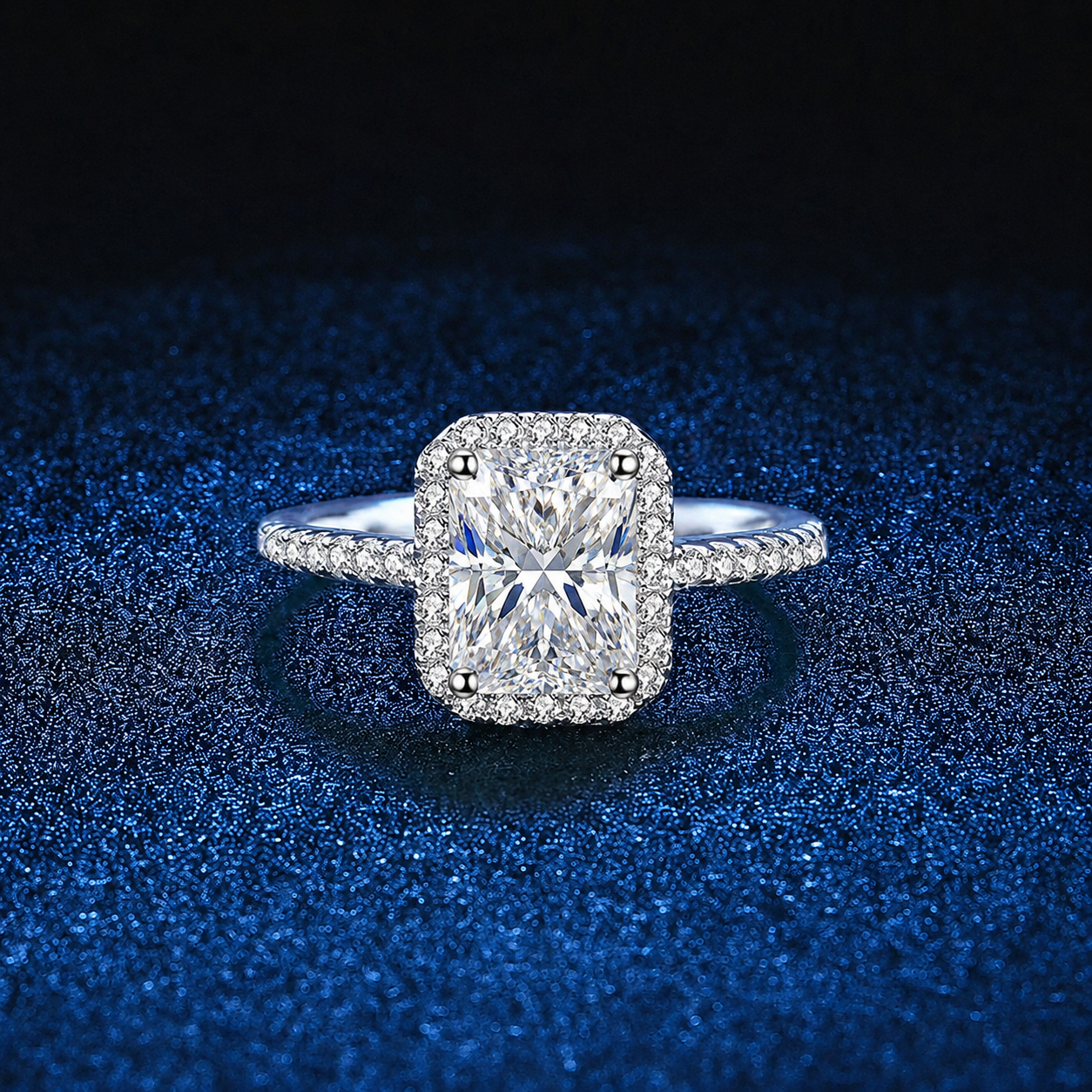 Emerald and Radiant Cut Moissanite Ring with CZ blue background product view