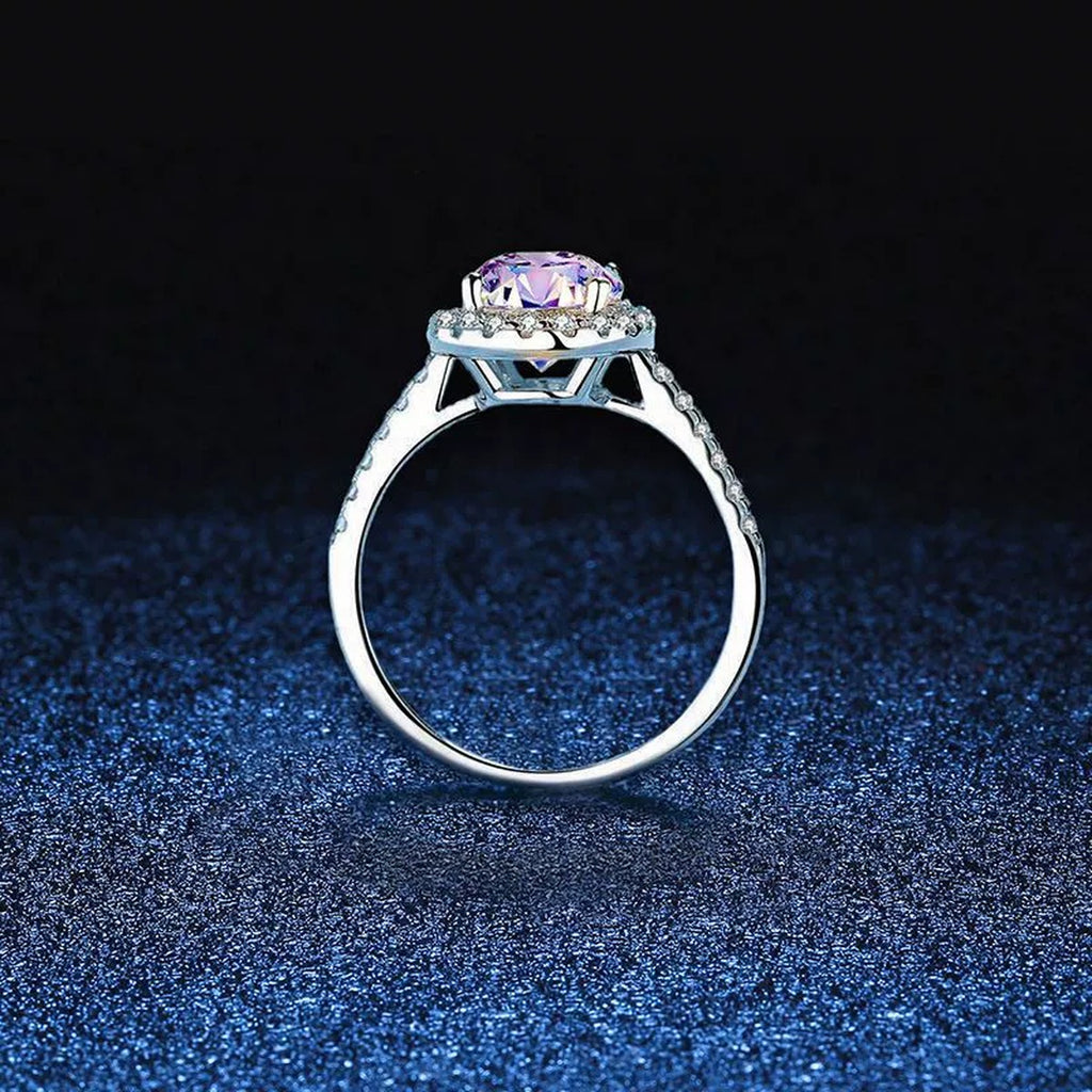 Oval Halo Moissanite Engagement Ring with CZ blue background product view