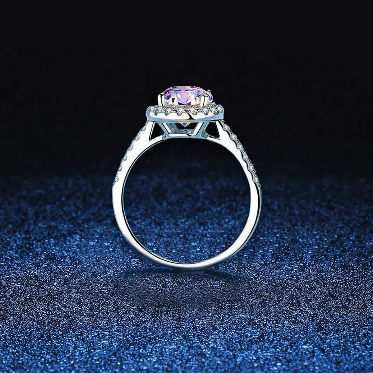 Oval Halo Moissanite Engagement Ring with CZ blue background product view