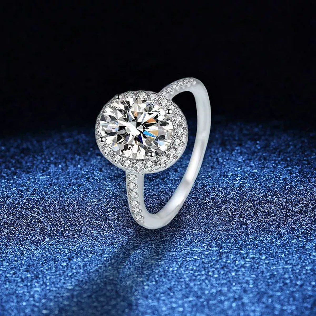 Oval Halo Moissanite Engagement Ring with CZ blue background product view