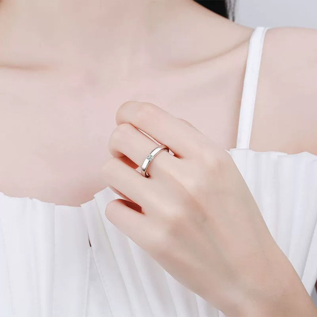 Bezel Moissanite Band Ring with CZ worn on hand by model