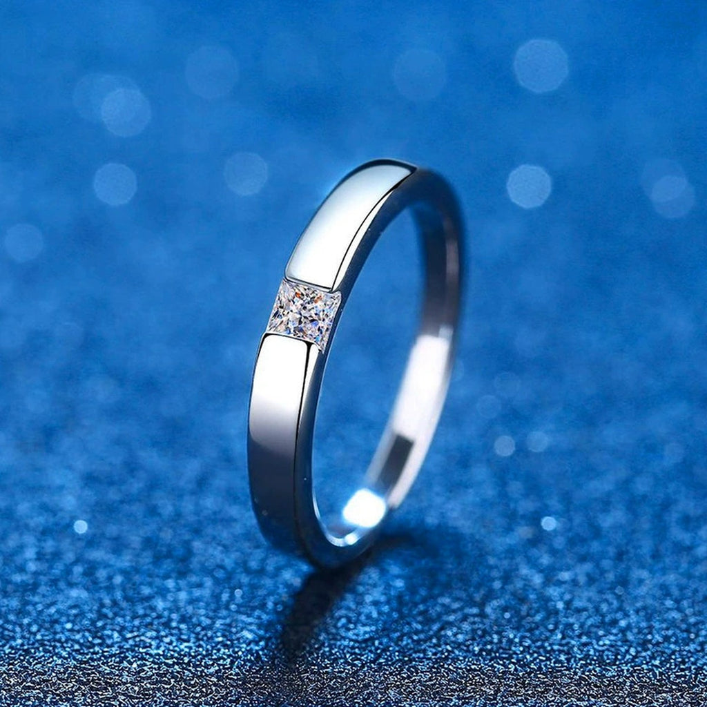 Bezel Moissanite Band Ring with CZ blue background product view