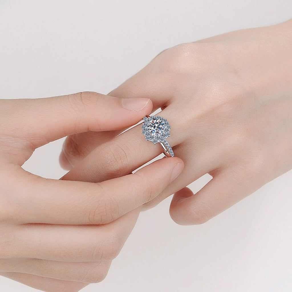 Cluster Halo Moissanite Ring with CZ worn on hand by model