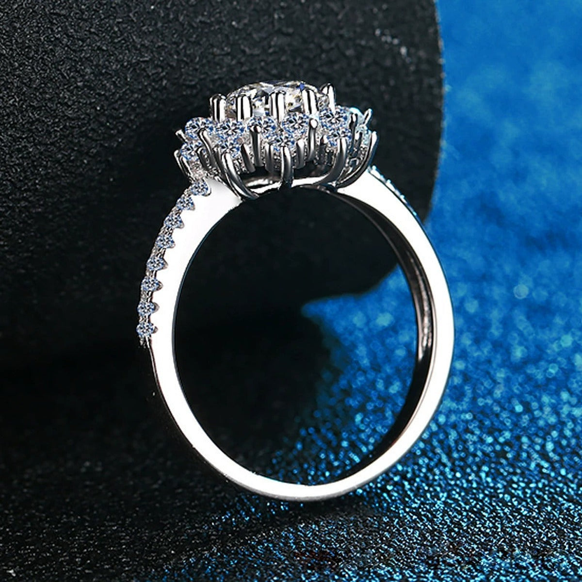 Cluster Halo Moissanite Ring with CZ blue background product view