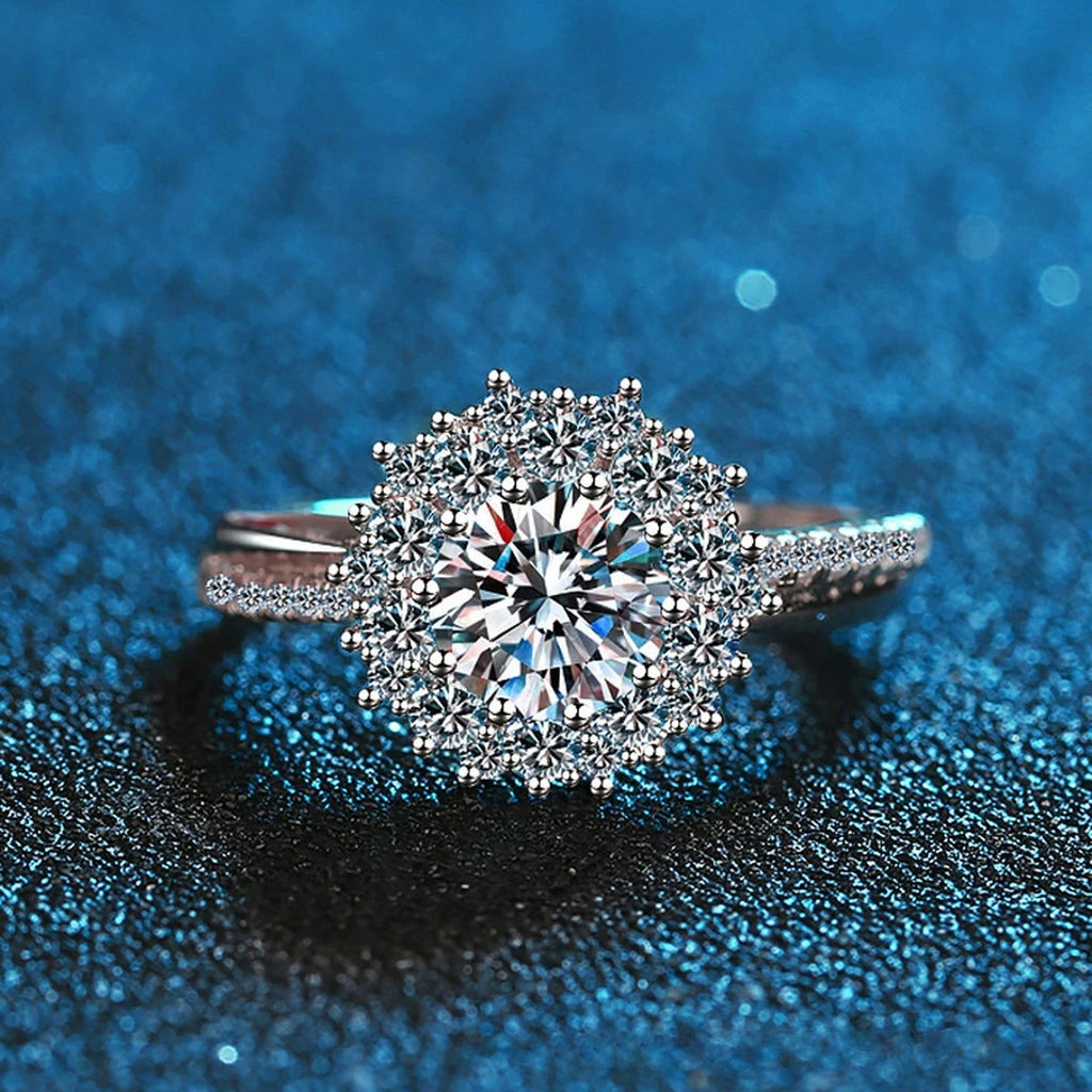 Cluster Halo Moissanite Ring with CZ blue background product view