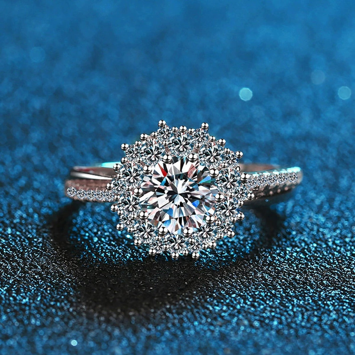 Cluster Halo Moissanite Ring with CZ blue background product view