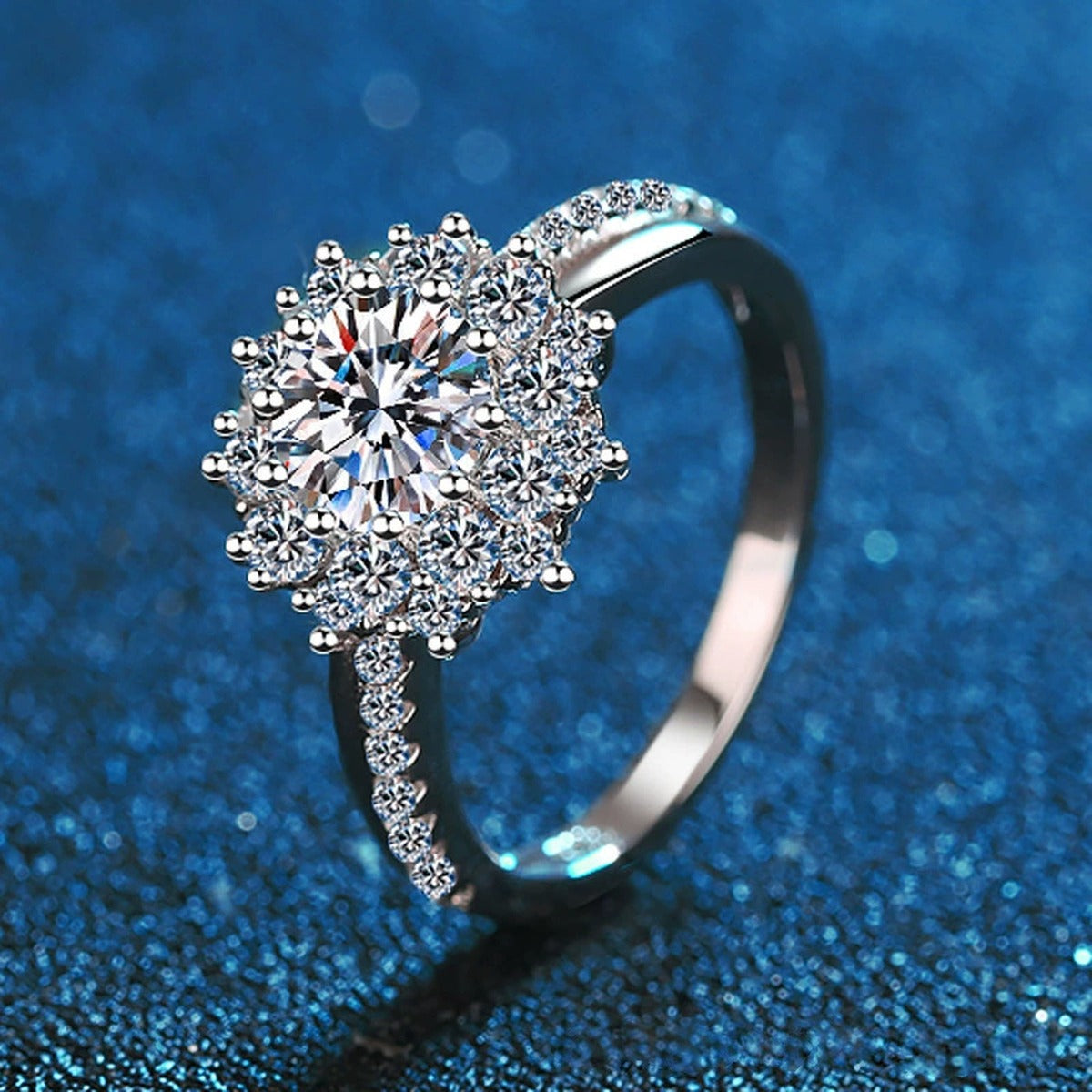 Cluster Halo Moissanite Ring with CZ blue background product view
