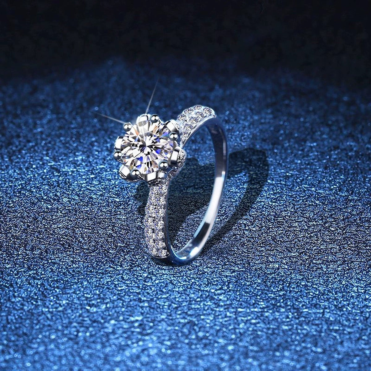 Round Halo Moissanite Engagement Ring with CZ blue background product view