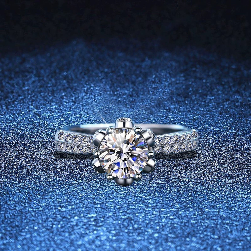 Round Halo Moissanite Engagement Ring with CZ blue background product view