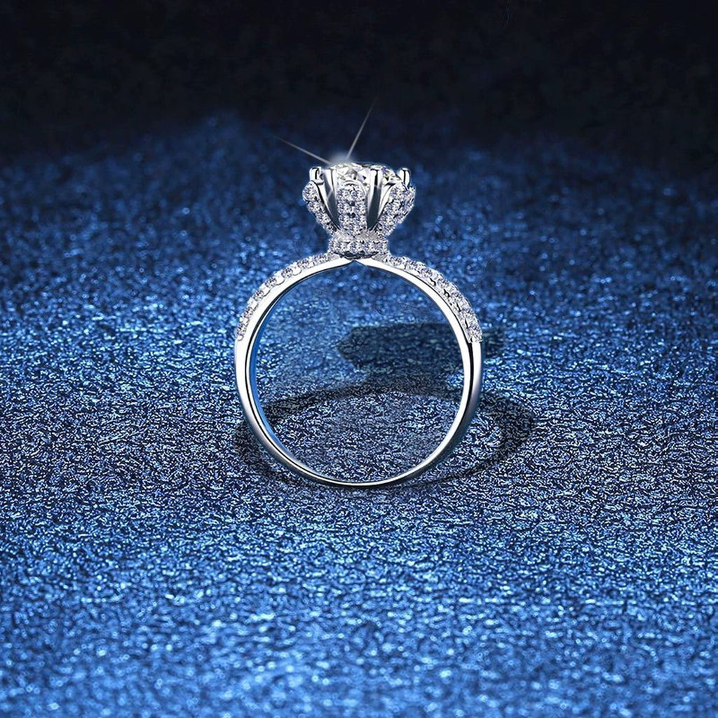 Round Halo Moissanite Engagement Ring with CZ blue background product view