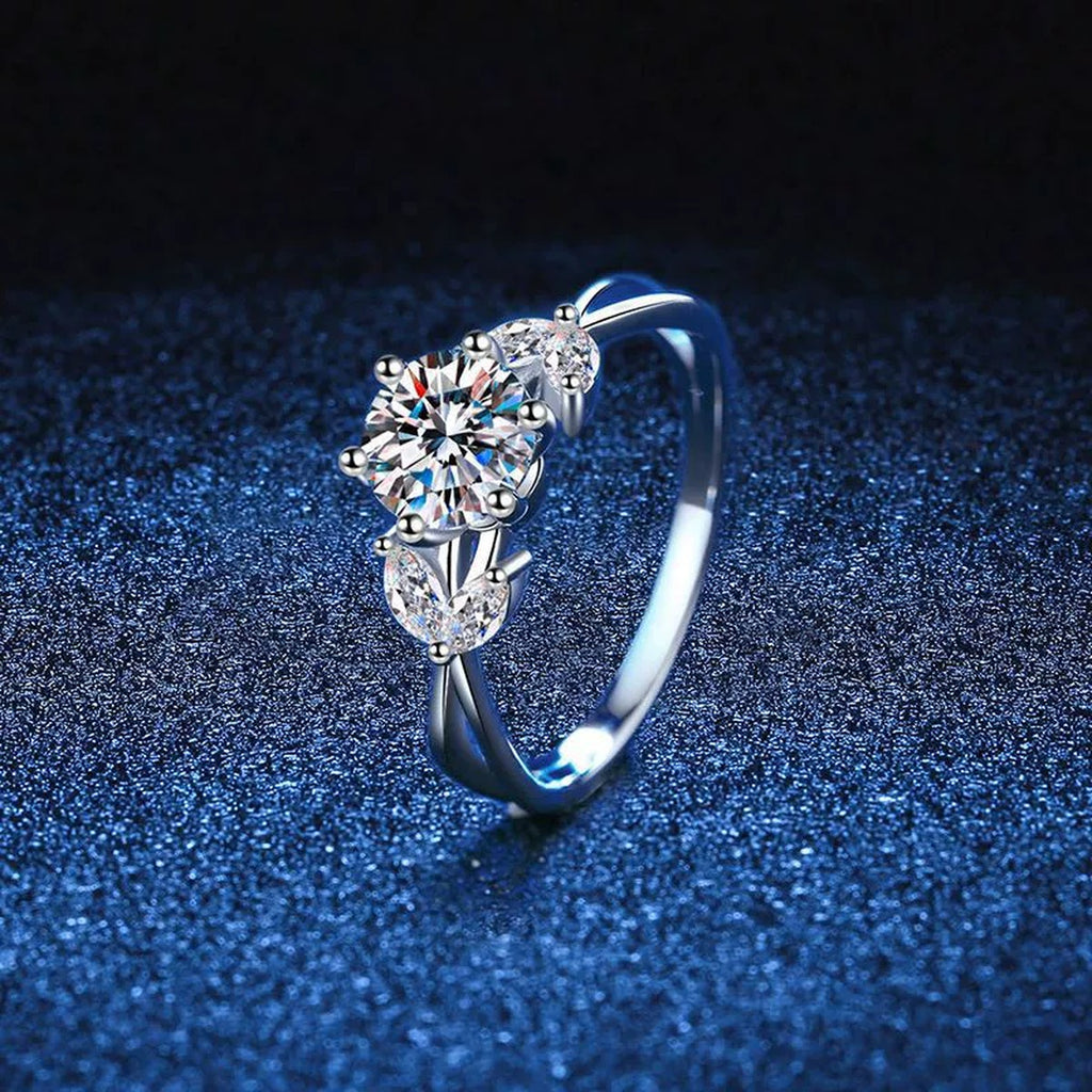 Floral Round Moissanite Ring with CZ blue background product view