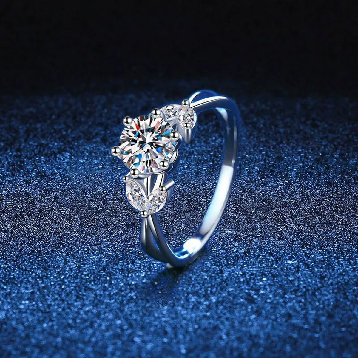 Floral Round Moissanite Ring with CZ blue background product view
