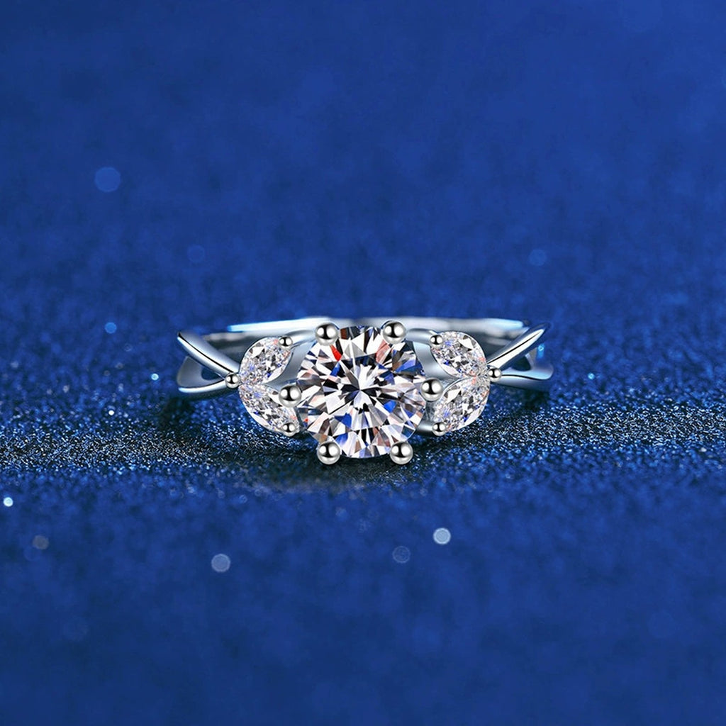 Floral Round Moissanite Ring with CZ blue background product view