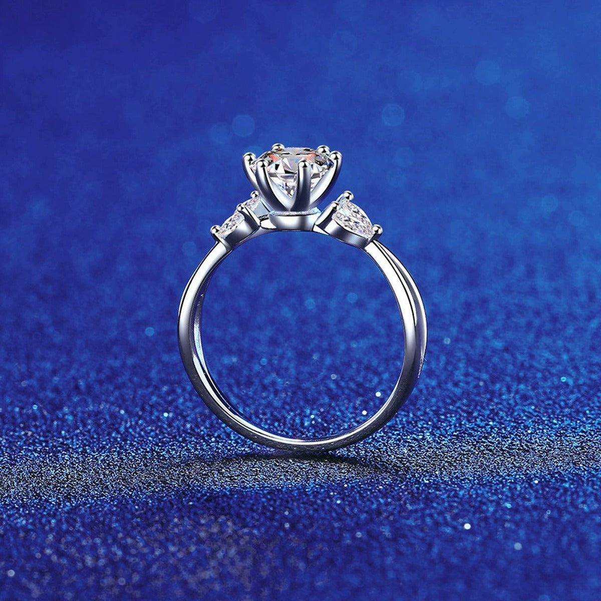 Floral Round Moissanite Ring with CZ blue background product view