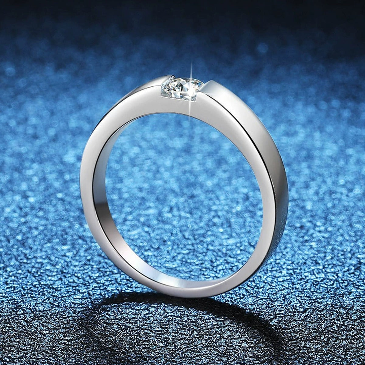 Bezel Set Moissanite Band Ring with CZ blue background product view