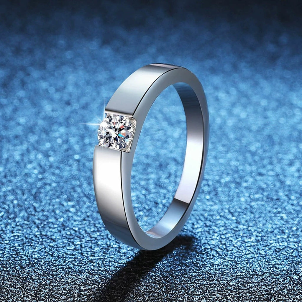 Bezel Set Moissanite Band Ring with CZ blue background product view