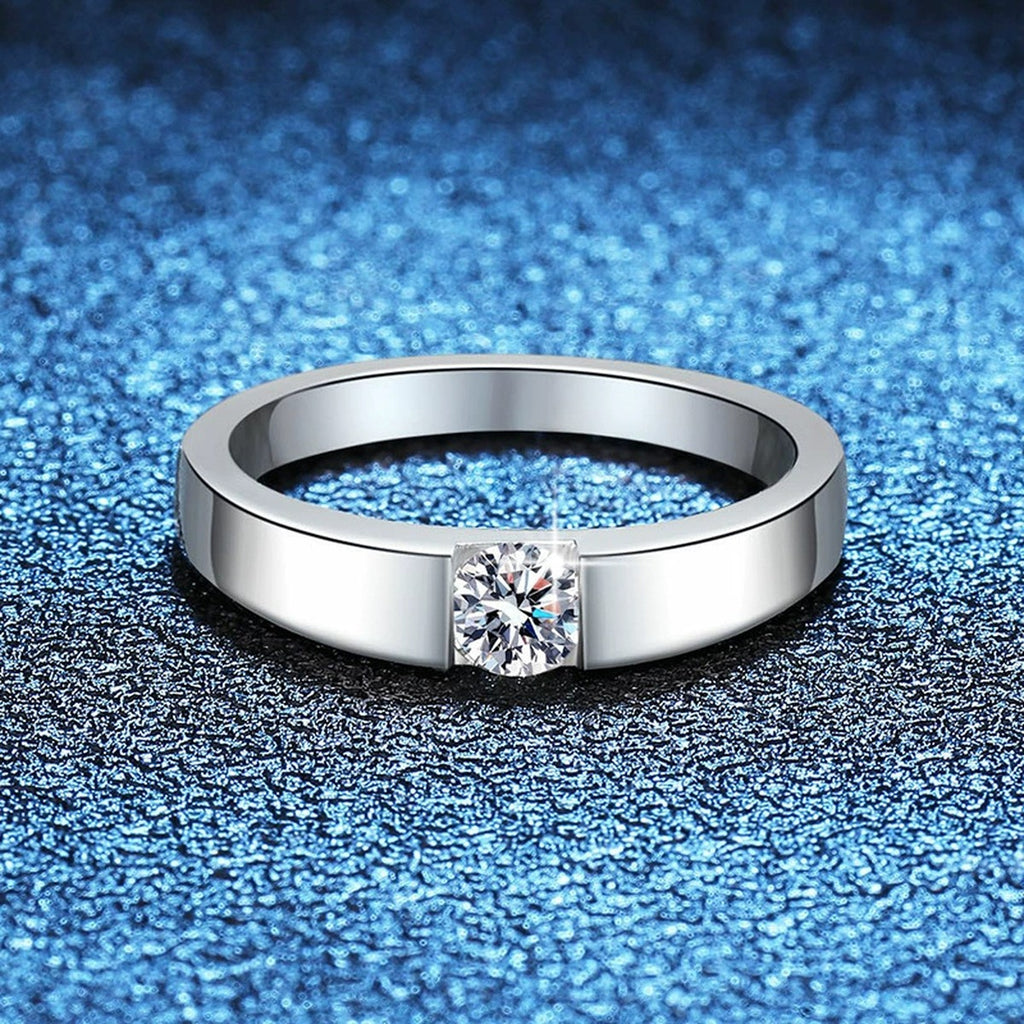 Bezel Set Moissanite Band Ring with CZ blue background product view
