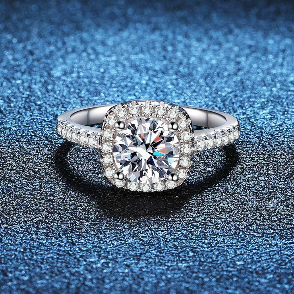 Cushion Halo Moissanite Engagement Ring with CZ blue background product view