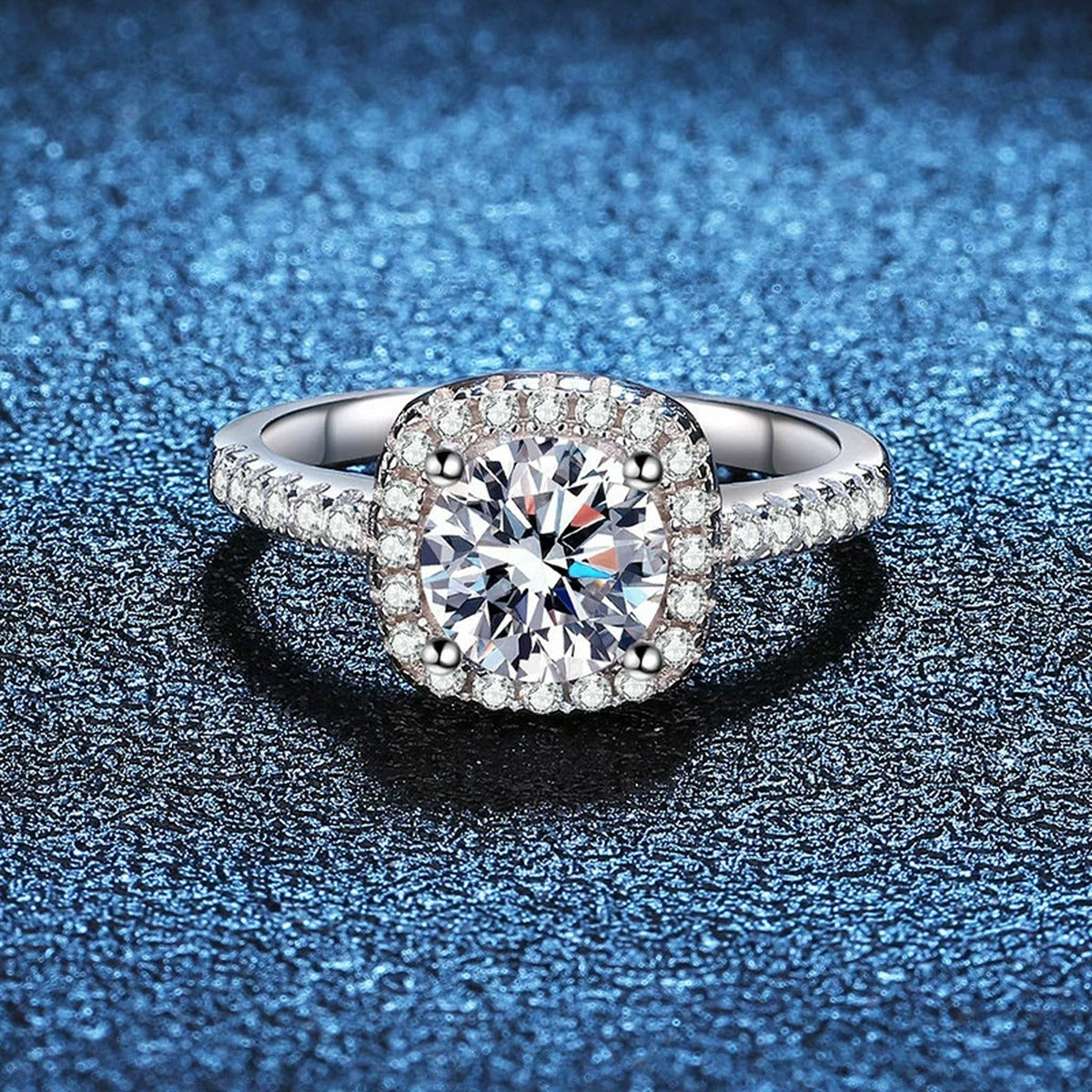 Cushion Halo Moissanite Engagement Ring with CZ blue background product view