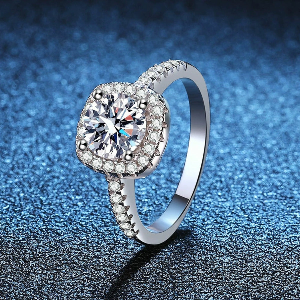 Cushion Halo Moissanite Engagement Ring with CZ blue background product view