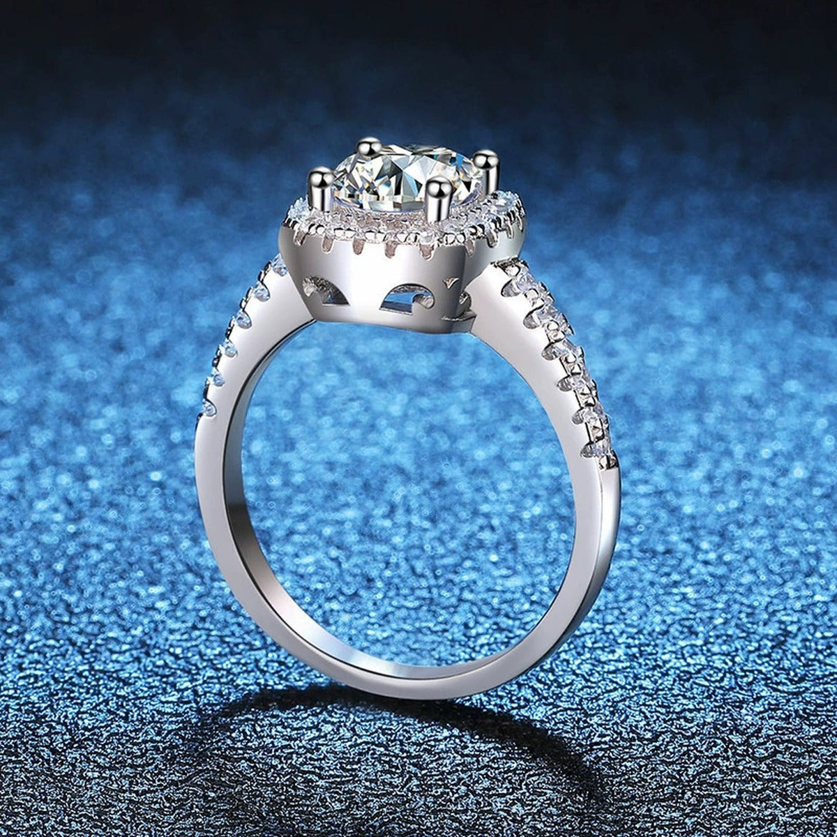 Cushion Halo Moissanite Engagement Ring with CZ blue background product view