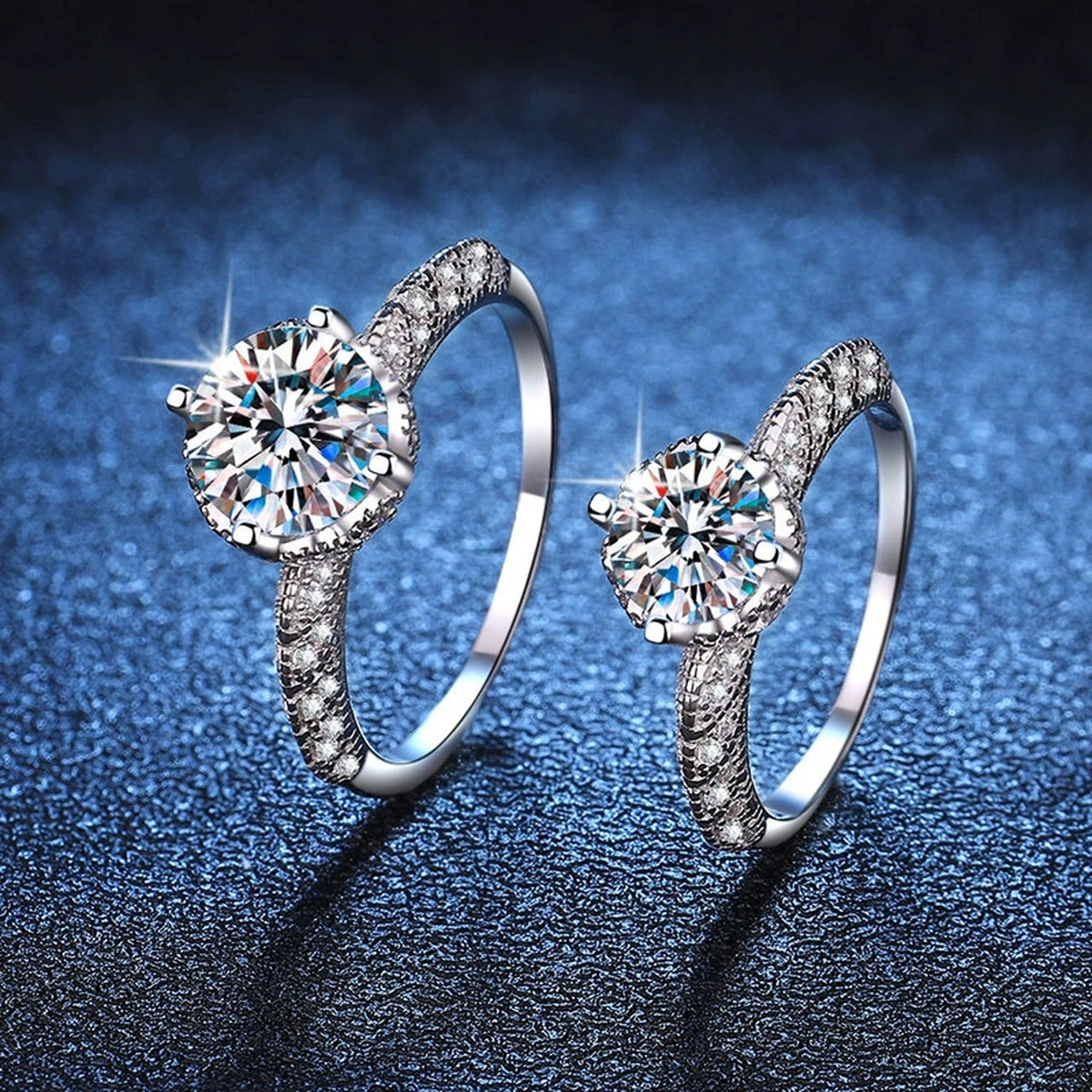 Round Moissanite Ring with Pink CZ blue background product view