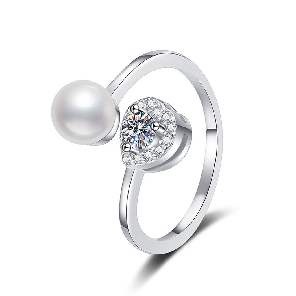Pearl and Moissanite Adjustable Ring with CZ in White Gold-Plated S925 Sterling Silver white background product image