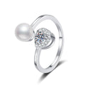 Pearl and Moissanite Adjustable Ring with CZ in White Gold-Plated S925 Sterling Silver white background product image