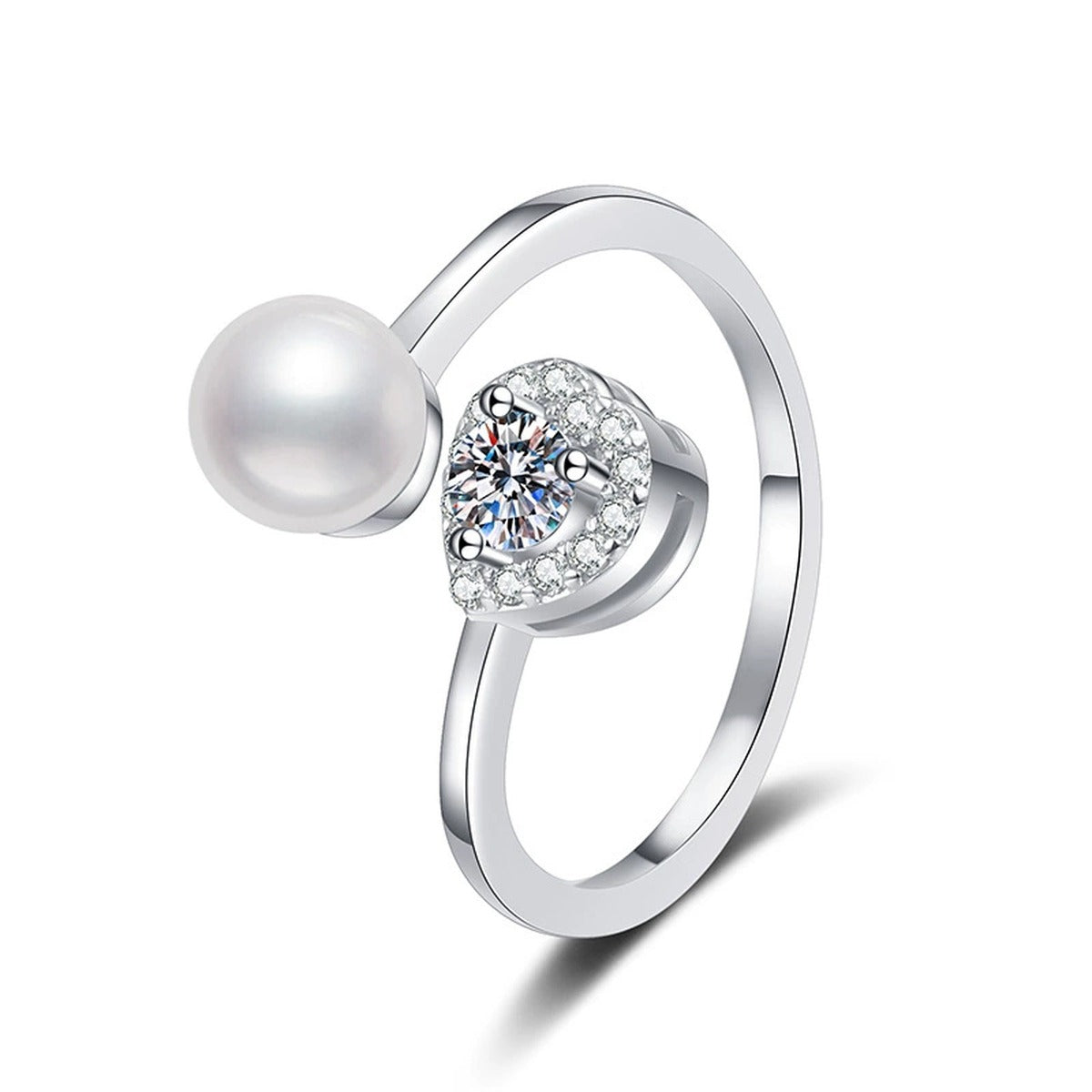 Pearl and Moissanite Adjustable Ring with CZ in White Gold-Plated S925 Sterling Silver white background product image