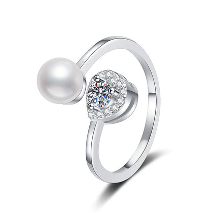 Pearl and Moissanite Adjustable Ring with CZ in White Gold-Plated S925 Sterling Silver white background product image