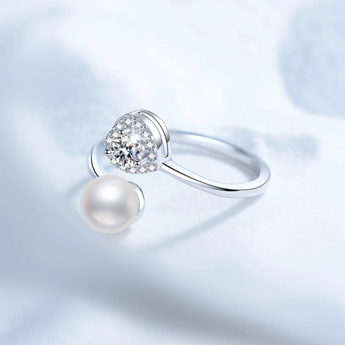 Pearl and Moissanite Adjustable Ring with CZ in White Gold-Plated S925 Sterling Silver product detail view