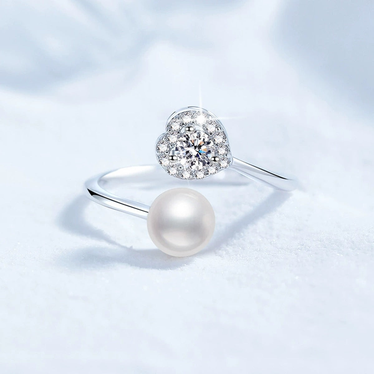 Pearl and Moissanite Adjustable Ring with CZ in White Gold-Plated S925 Sterling Silver product detail view