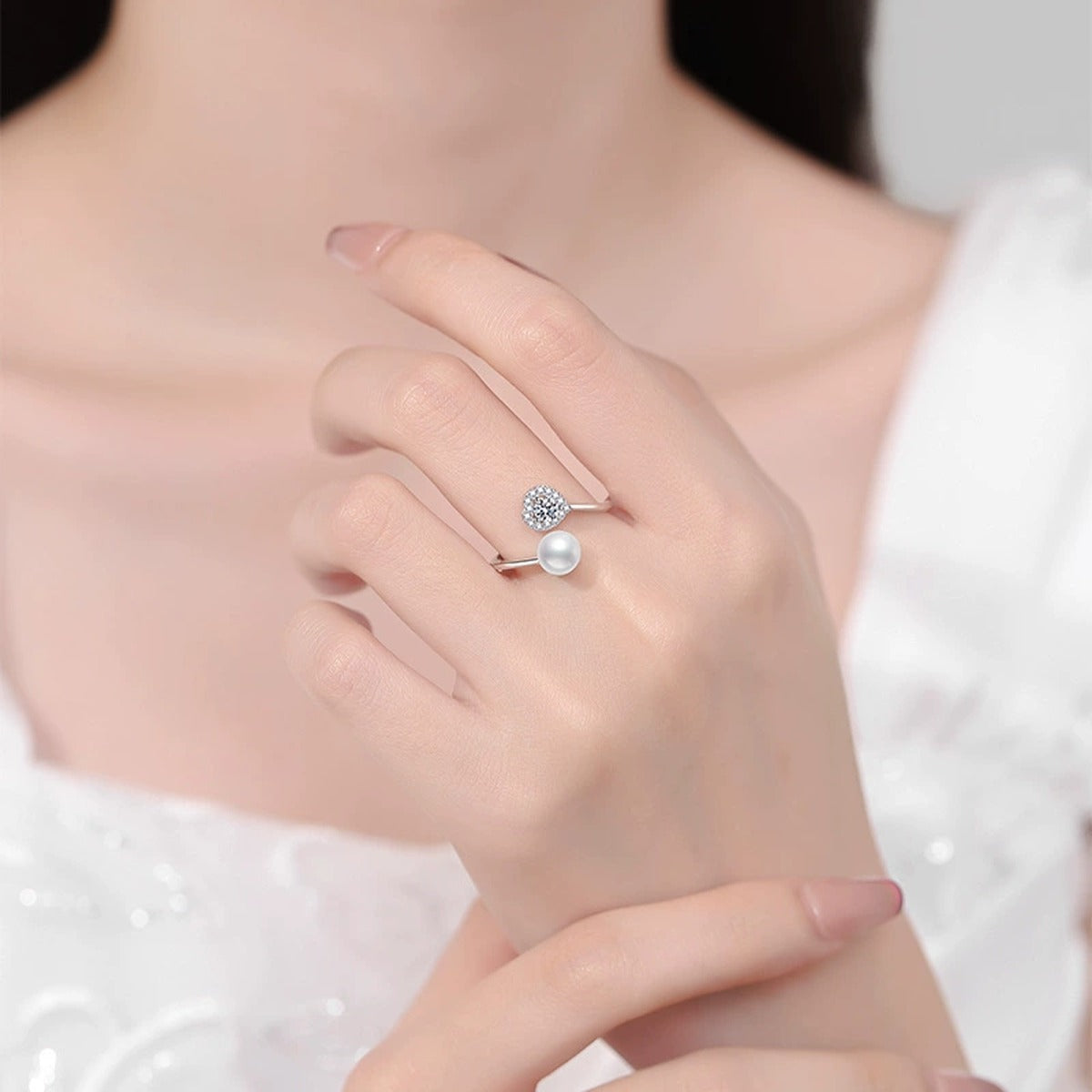 Pearl and Moissanite Adjustable Ring with CZ in White Gold-Plated S925 Sterling Silver worn by model