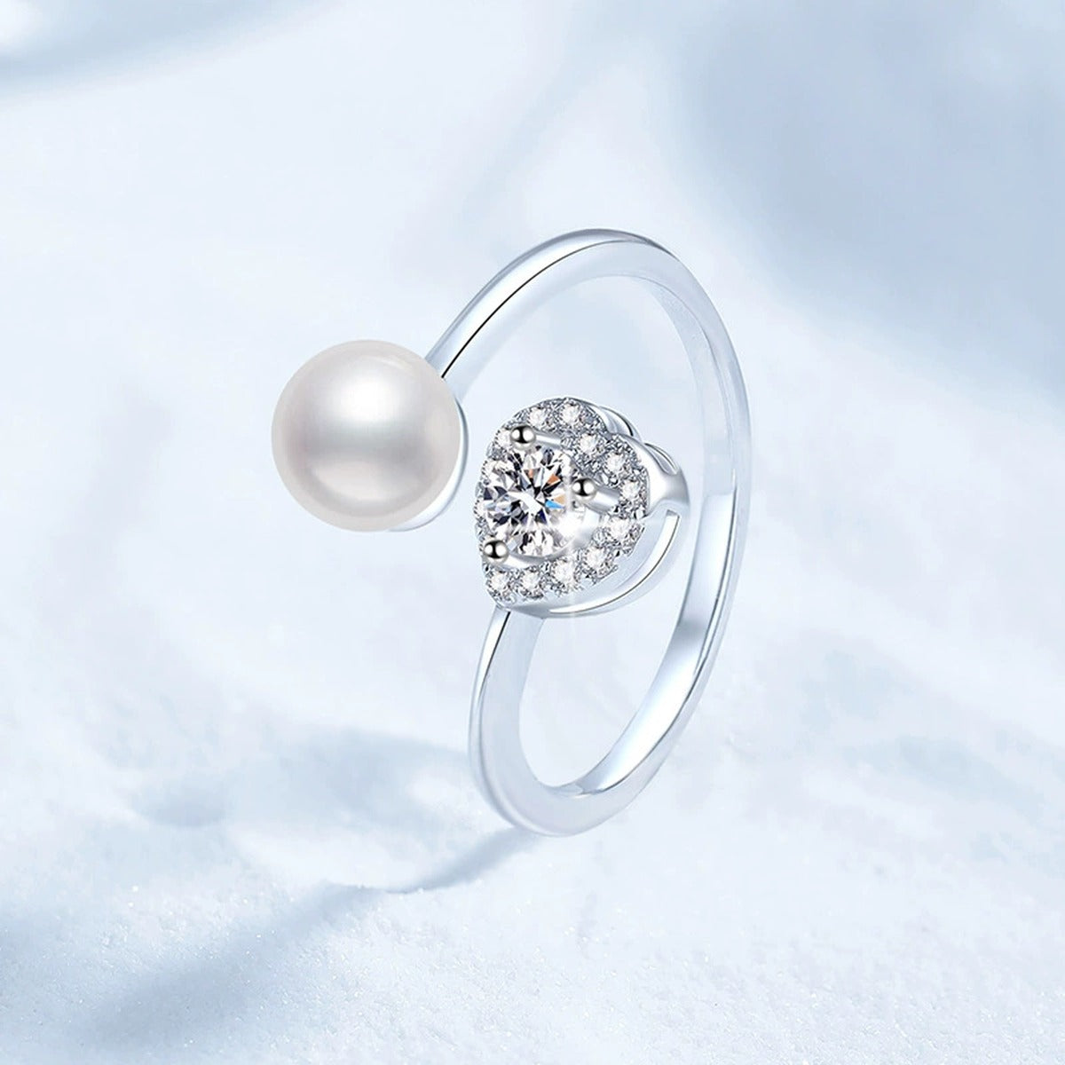 Pearl and Moissanite Adjustable Ring with CZ in White Gold-Plated S925 Sterling Silver product detail view