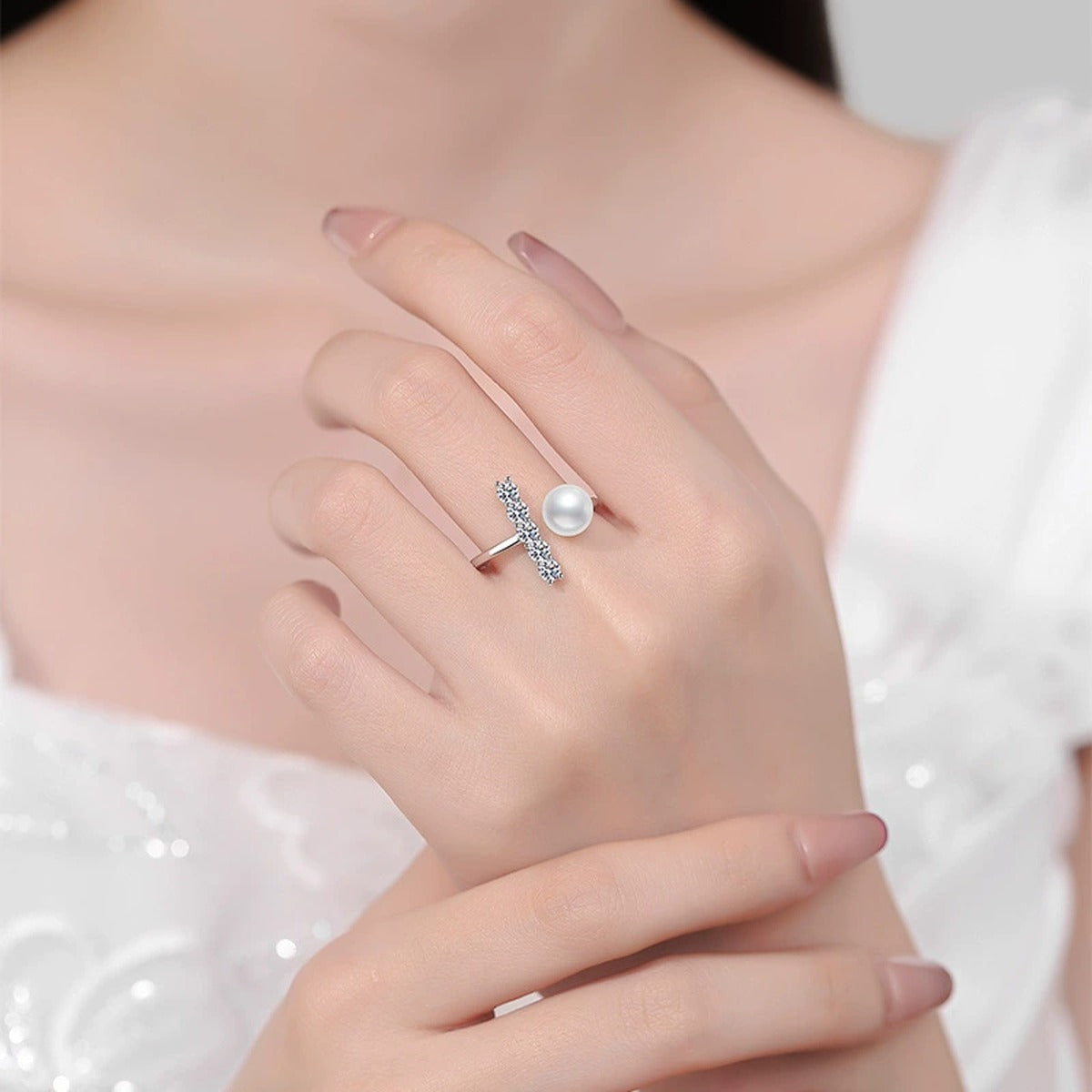 Pearl and Moissanite Adjustable Ring in White Gold-Plated S925 Sterling Silver worn by model