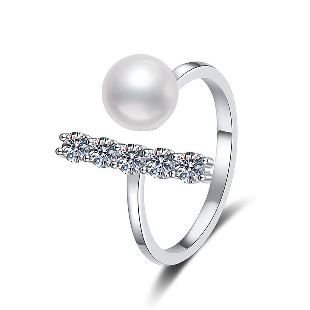 Pearl and Moissanite Adjustable Ring in White Gold-Plated S925 Sterling Silver white background product image