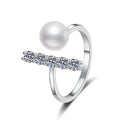 Pearl and Moissanite Adjustable Ring in White Gold-Plated S925 Sterling Silver white background product image