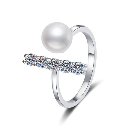 Pearl and Moissanite Adjustable Ring in White Gold-Plated S925 Sterling Silver white background product image