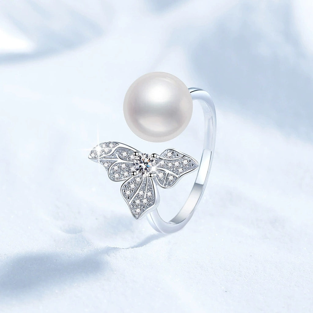 Pearl and Moissanite Bow Adjustable Ring with CZ in White Gold-Plated S925 Sterling Silver product detail view