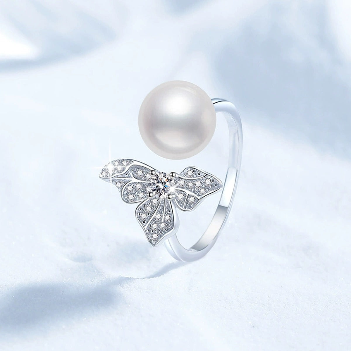 Pearl and Moissanite Bow Adjustable Ring with CZ in White Gold-Plated S925 Sterling Silver product detail view