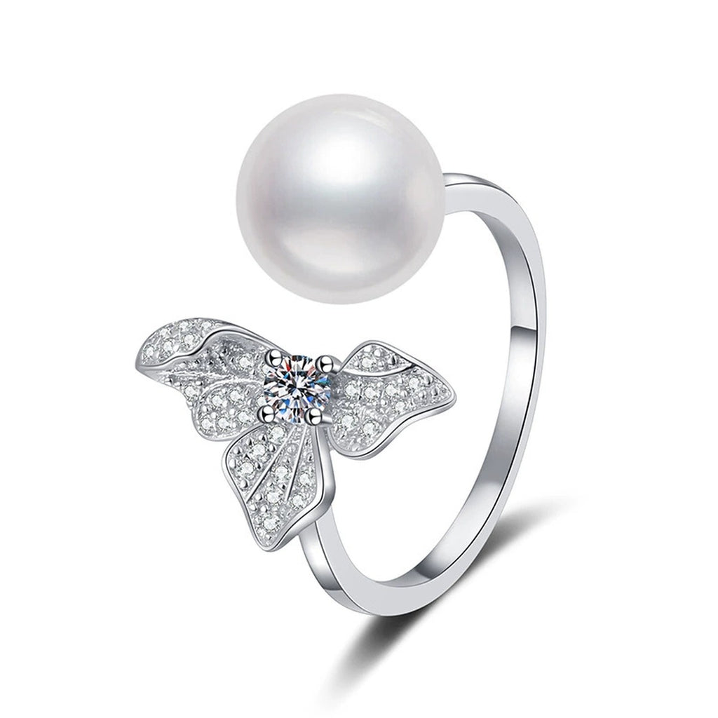 Pearl and Moissanite Bow Adjustable Ring with CZ in White Gold-Plated S925 Sterling Silver white background product image