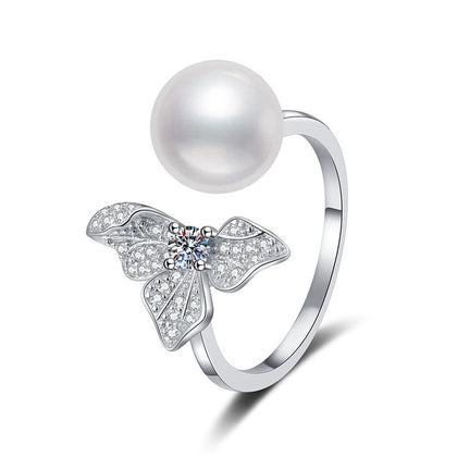 Pearl and Moissanite Bow Adjustable Ring with CZ in White Gold-Plated S925 Sterling Silver white background product image