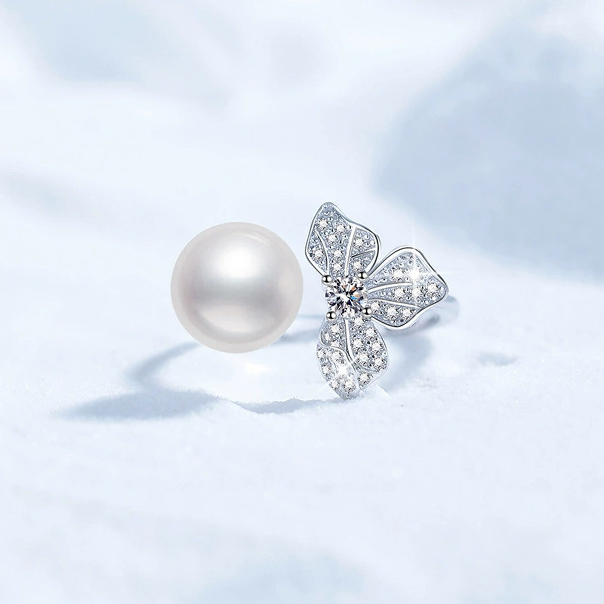 Pearl and Moissanite Bow Adjustable Ring with CZ in White Gold-Plated S925 Sterling Silver product detail view