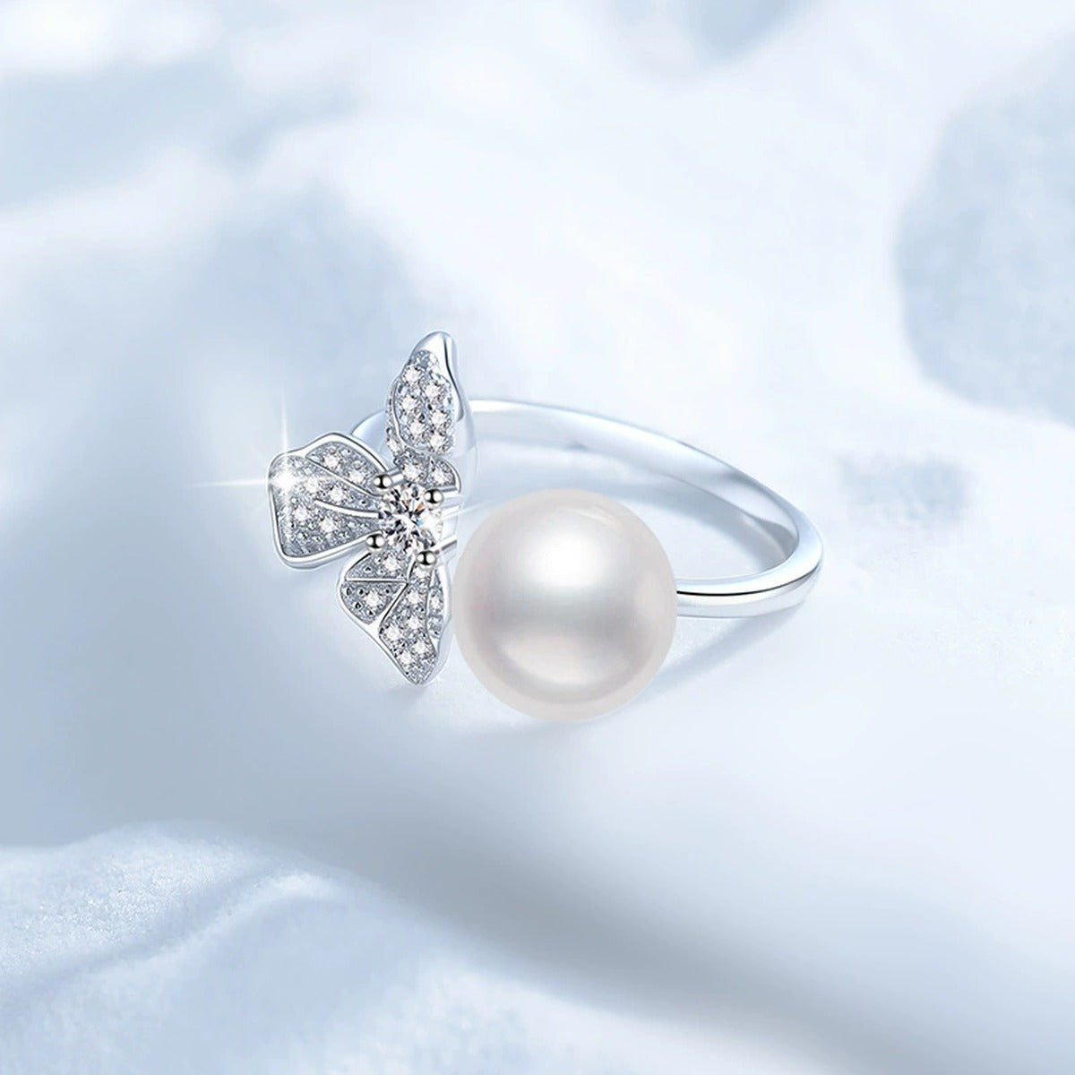 Pearl and Moissanite Bow Adjustable Ring with CZ in White Gold-Plated S925 Sterling Silver product detail view